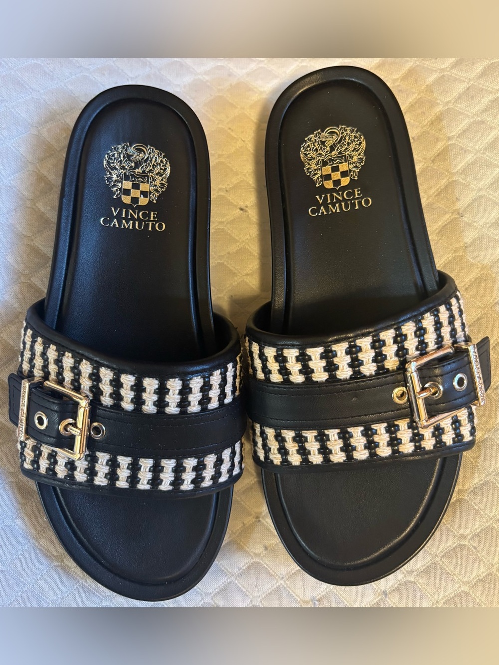 Vince Camuto Black and White Woven Buckle Slide Sandals